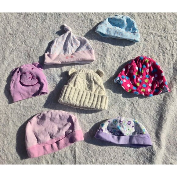 Lot Of 7 Baby Girl Hats Sizes Newborn- 6 Months Summer Sunhat Winter Beanie Cute - Picture 2 of 11